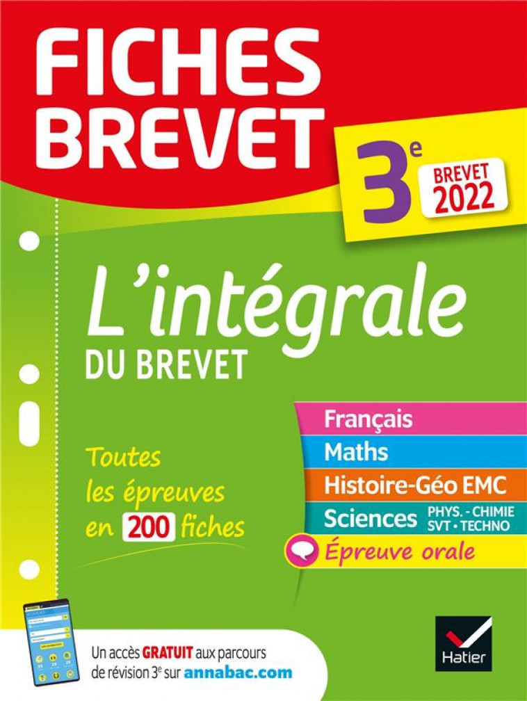 FICHES BREVET L'INTEGRALE DU BREVET - TOUT-EN-UN 3E BREVET 2022 - FICHES DE REVISION POUR LES 5 EPRE - COLLECTIF - HATIER SCOLAIRE